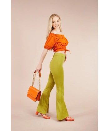 Kadın Yeşil Paçası Yırtmaçlı Ispanyol Tayt Pantolon