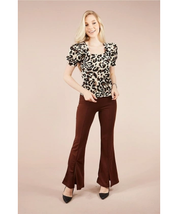 Kadın Çikolata Paçası Yırtmaçlı Ispanyol Tayt Pantolon