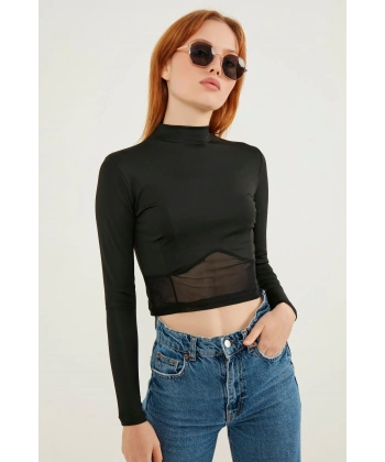 Tül Detay Crop Bluz