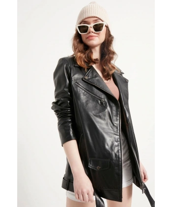 Kadın Siyah Cep Detaylı Hakiki Deri Ceket