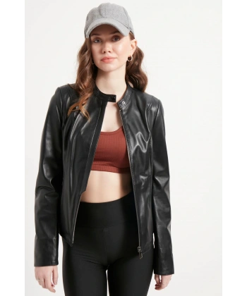 Kadın Siyah Yakasız Hakiki Deri Ceket