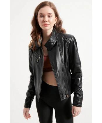Kadın Siyah Biker Hakiki Deri Ceket