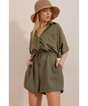 Kadın Haki Keten Viskon Şortlu Takım