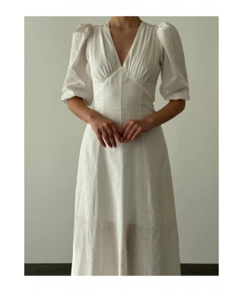 Kadın V Yaka Sırt Dekolteli Midiboy Keten Elbise