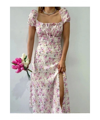 Kadın Çiçekli Yırtmaçlı Uzun Yazlık Elbise