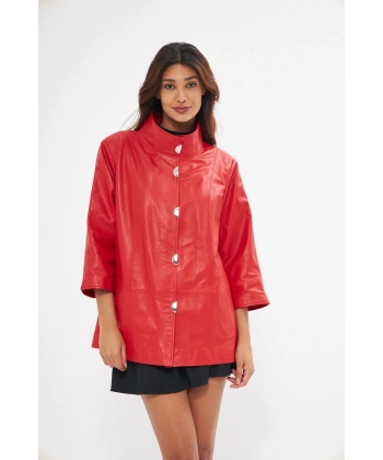 Kadın Hakiki Deri ceket Kırmızı Renk Yarasa Kol Önleri Çıt çıtlı