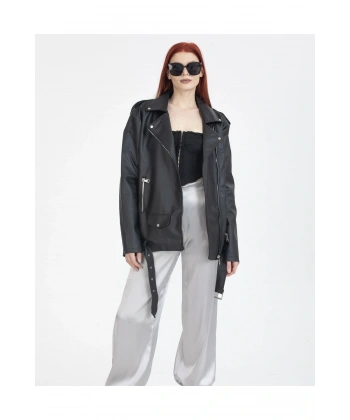 KADIN OVERSIZE TARZ UZUN DERİ CEKET