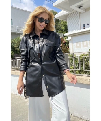 Siyah Ince Şardonlu Cep Detaylı Suni Deri Gömlek