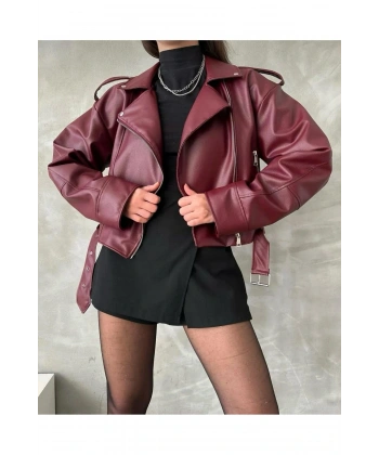 Kadın Oversize Bordo Deri Ceket