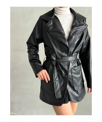 Kadın Siyan Çift Cepli Kuşaklı Deri Ceket Pardesü