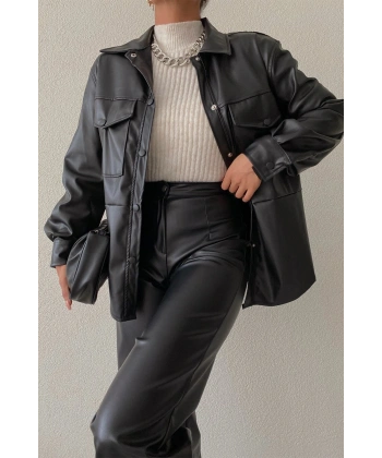 Double Cepli Çıtçıtlı Deri Gömlek Ceket Siyah