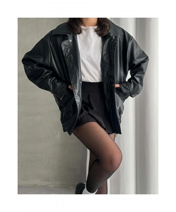 Unisex Oversize Vintage Siyah Deri Ceket