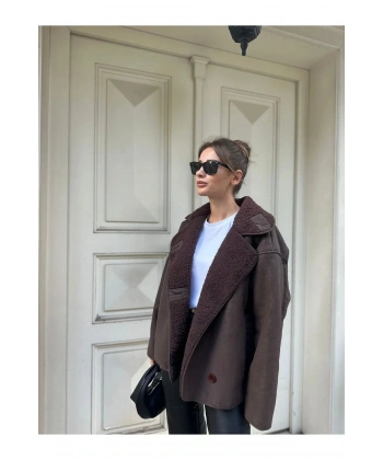 Else Acı Kahve Dokulu Süet Içi Peluşlu Oversize Zr Model Mont