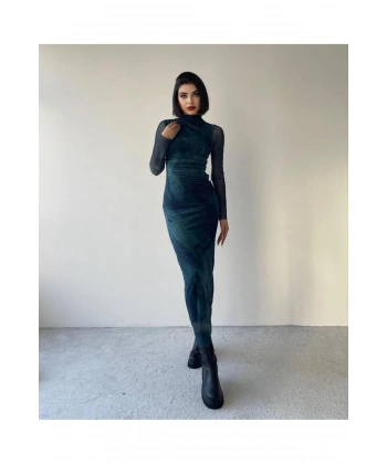 Balıkçı Yaka Mavi Yeşil Desenli Uzun Kollu Astarlı Maxi Premium Tül Elbise