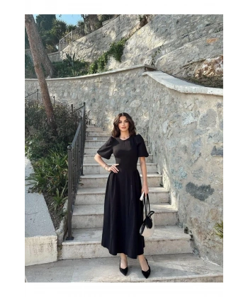 Kadın Siyan Balon Kollu Atlas Elbise