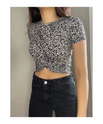 Çiçek Desenli Önü Düğümlü Kaşkorse Crop