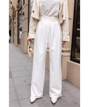Kadın Ekru Beli Cırtcırtlı Pens Dikişli Palazzo Pantolon