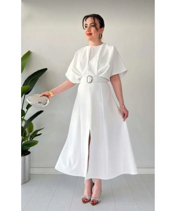 MİDİ BOY ELBİSE KEMER DETAYLI MİDİ ELBİSE