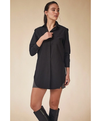 Kadın Siyah Oversize Cepli Gömlek