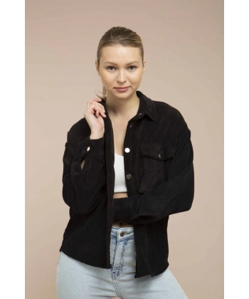 Kadın Siyah Kadife Hafif Oversize Gömlek