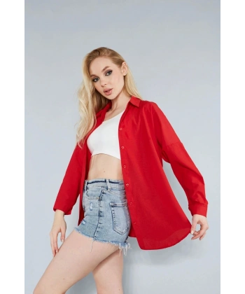 Kadın Kırmızı Oversize Uzun Basic Gömlek