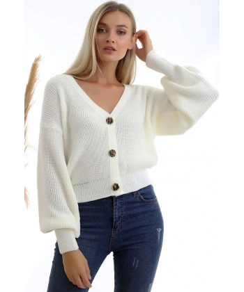 Kadın Beyaz Selanik Örgü Düğmeli Hırka