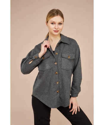 Kadın Antrasit Kaşe Pamuklu Oversize Ceket Gömlek