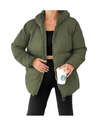 Kadın Haki Kapüşonlu Şişme Mont