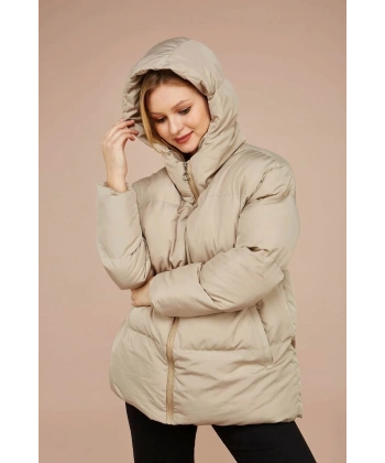 Kadın Krem Kapüşonlu Şişme Mont