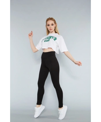 Kadın Siyah Fitilli Tayt Dikişsiz Toparlayıcı Yüksek Bel