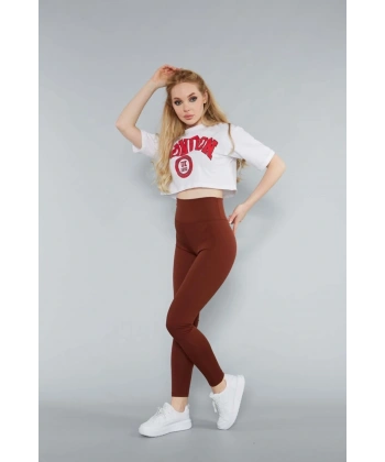 Kadın Kahverengi Yüksek Bel Fitilli Toparlayıcı Dikişsiz Örme Tayt