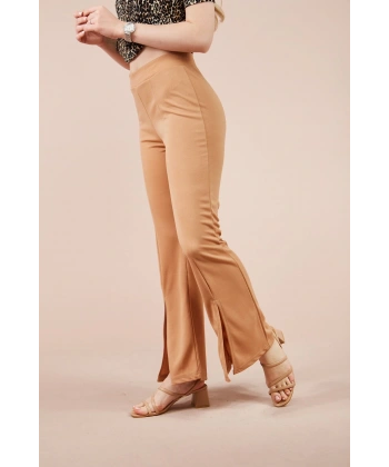 Kadın Kahve Paçası Yırtmaçlı Ispanyol Tayt Pantolon