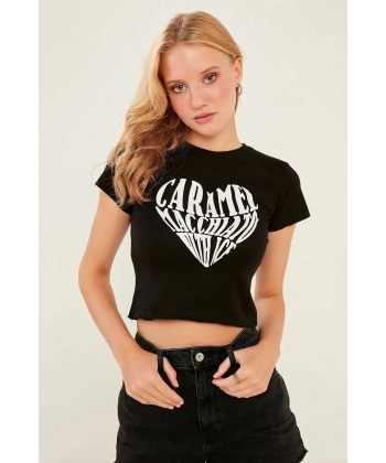 Kadın Siyah Örme Crop Bluz