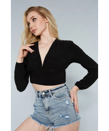 Kadın Siyah Derin V Yaka Jarse Örme Bluz