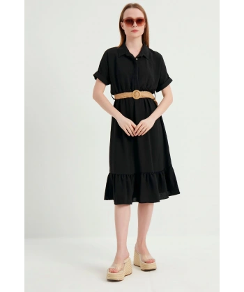 Kadın Siyah Kemerli Ayrobin Elbise