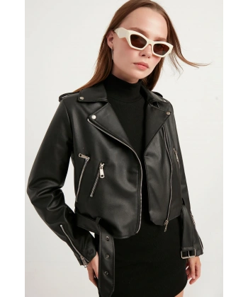 Kadın Siyah Fermuar Detaylı Deri Ceket