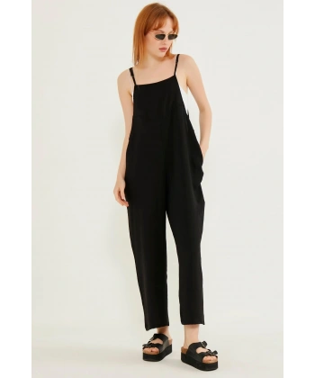 Kadın Siyah Askılı Bol Kesim Atletli Tulum