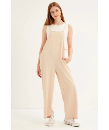 Kadın Krem Askılı Bol Kesim Atletli Tulum