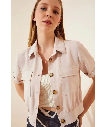 Kadın Krem Cepli Kısa Kollu Yazlık Keten Viskon Ceket