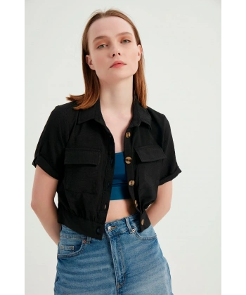 Kadın Siyah Cepli Kısa Kollu Yazlık Keten Viskon Ceket