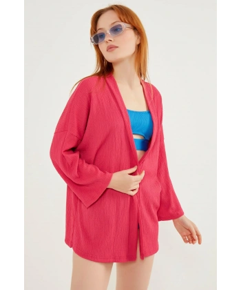 Kadın Koyu Pembe Katlı Yaka Boyfriend Örme Ceket