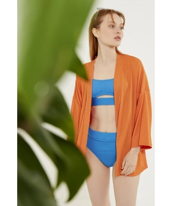 Kadın Oranj Katlı Yaka Boyfriend Örme Ceket