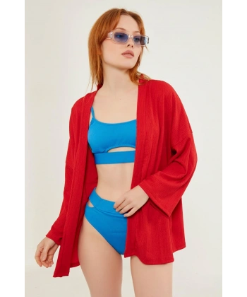 Kadın Kırmızı Katlı Yaka Boyfriend Örme Ceket