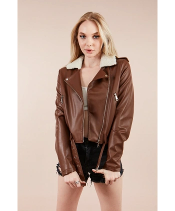Kadın Kahve Yaka Kürklü Deri Ceket