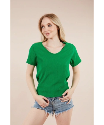 Kadın Koyu Yeşil U Yaka Bürümcük Bluz