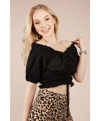 Kadın Siyah Önü Büzgülü Yakası Fırfırlı Çiçek Desenli Örme Bluz