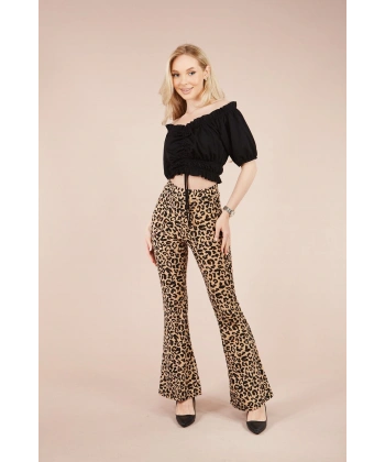 Kadın Leopar Desenli Ispanyol Paça Pantolon