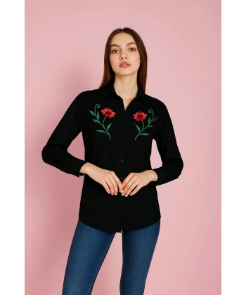 Kadın Siyah Nakışlı Gömlek