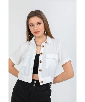 Kadın Beyaz Cepli Kısa Kollu Yazlık Keten Viskon Ceket