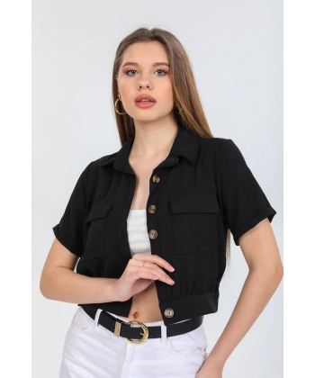 Kadın Siyah Cepli Kısa Kollu Yazlık Ceket